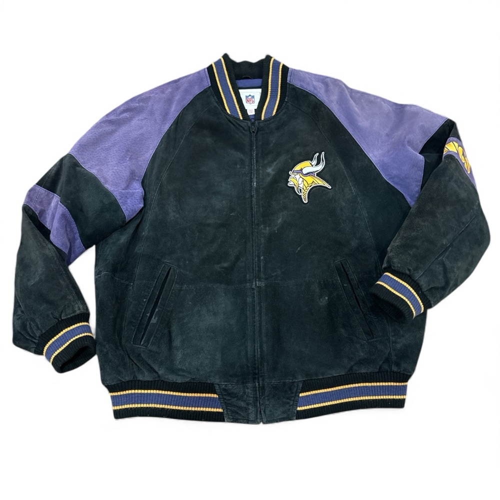 Vintage Official NFL Varsity Bomber Leather Zip Jacket MN Viking SKOL G-III